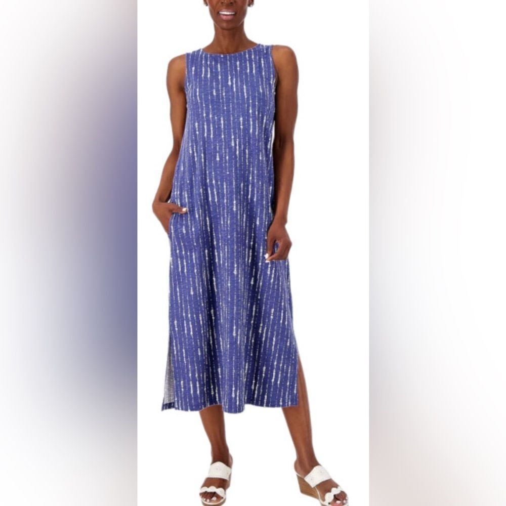NWOT Denim & Co Naturals Women’s Linen Blend Jersey Midi Blue Tank Dress- Tall S